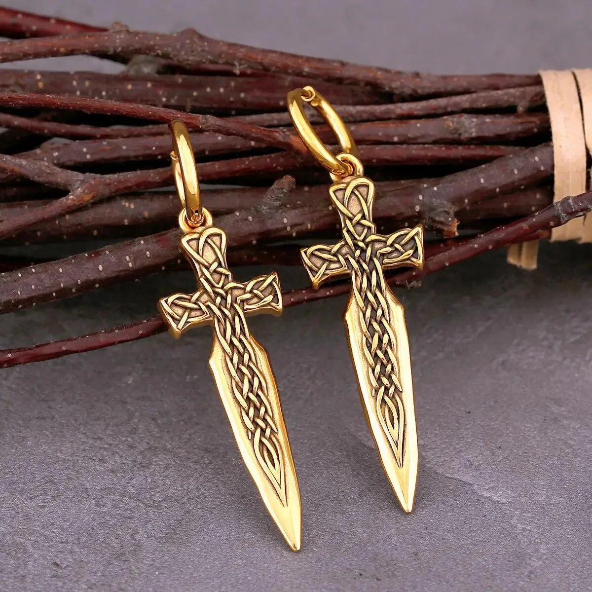 VIKING WARRIOR SWORD DROP EARRING - GOLD - Cozilia