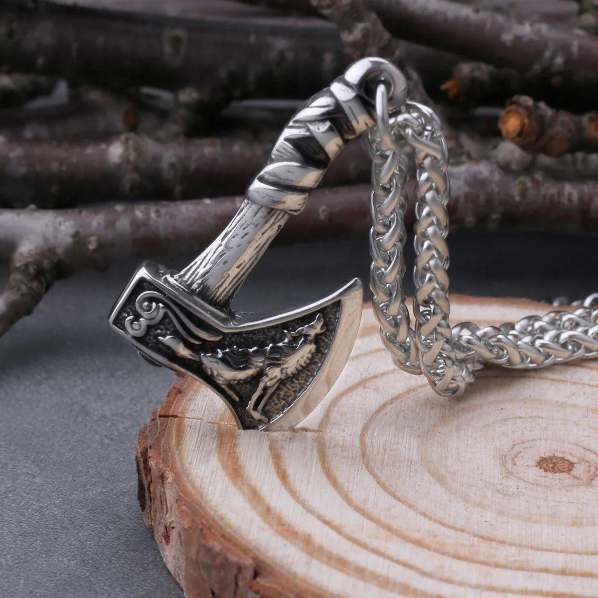 VIKING WOLF & RAVEN AXE NECKLACE - Cozilia