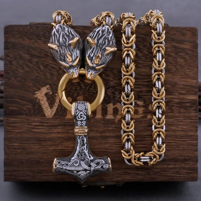 VIKING WOLF HEAD THOR'S HAMMER NECKLACE - Cozilia