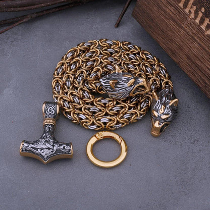 VIKING WOLF HEAD THOR'S HAMMER NECKLACE - Cozilia