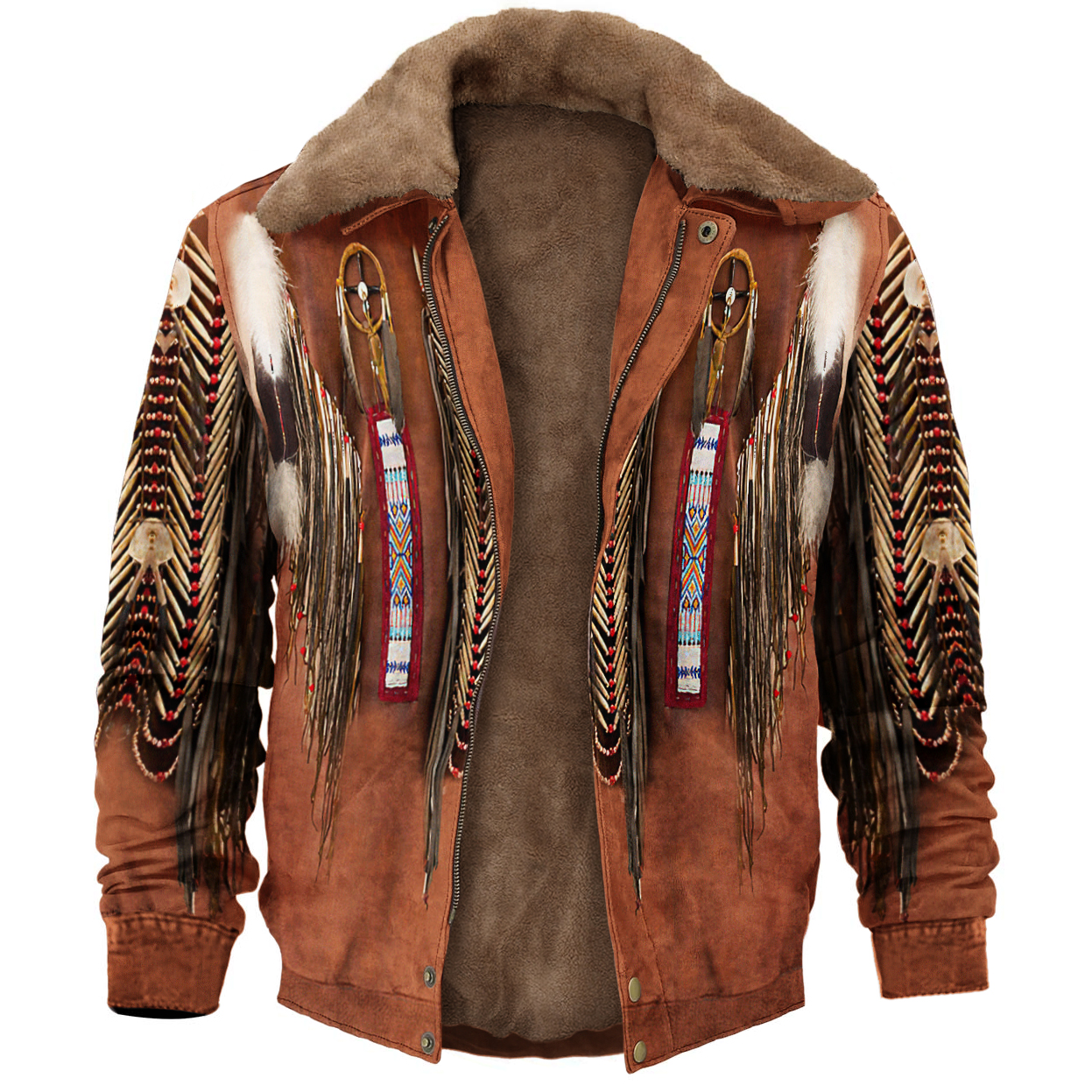 Retro American Western Ffeather Fringed Denim Jacket Print Unisex Deluxe Outerwear